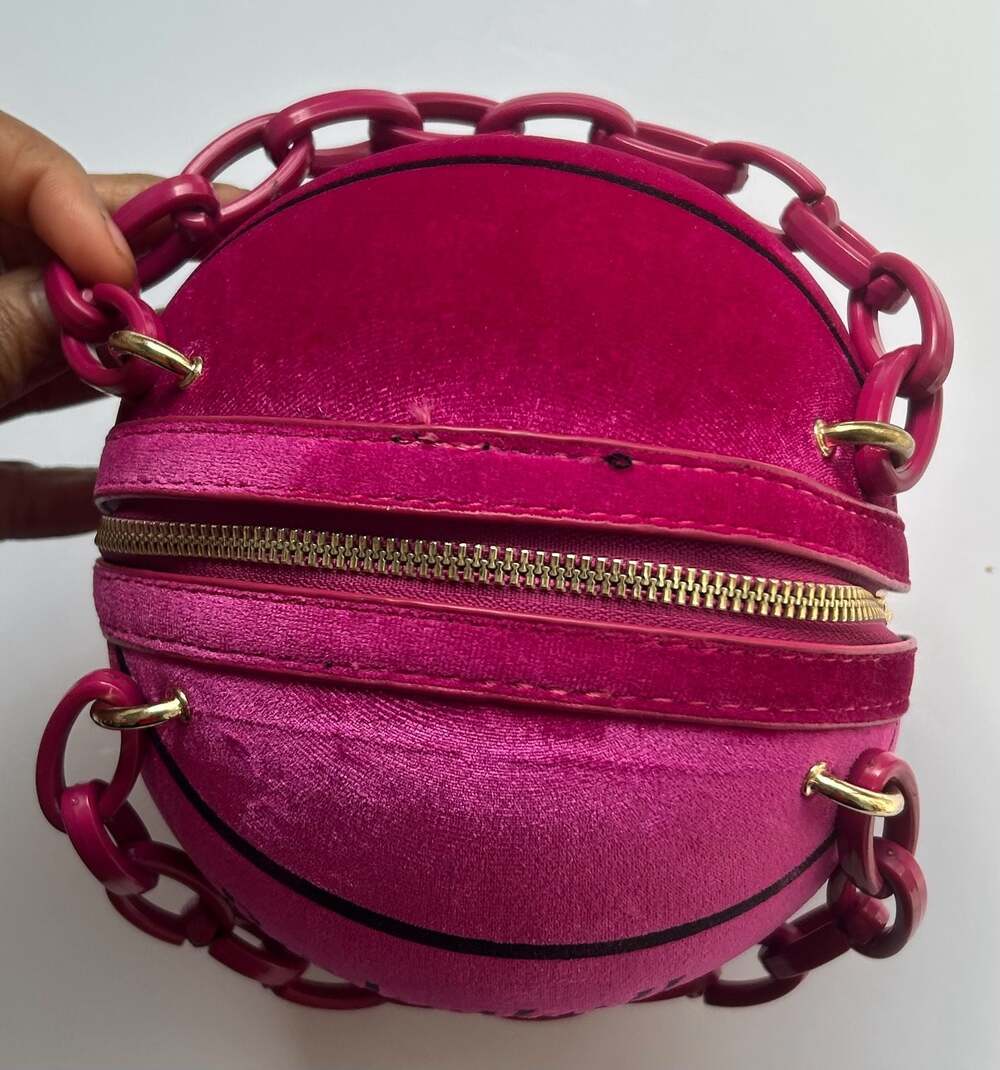 Hot Pink Velvet Basketball Shape Hand Bag with Pink Chain - Picture 5 of 7